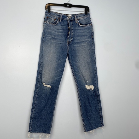 Re/Done Originals Women Stove Pipe High Rise Straight Leg Distressed Jeans Sz 29 - Picture 1 of 12